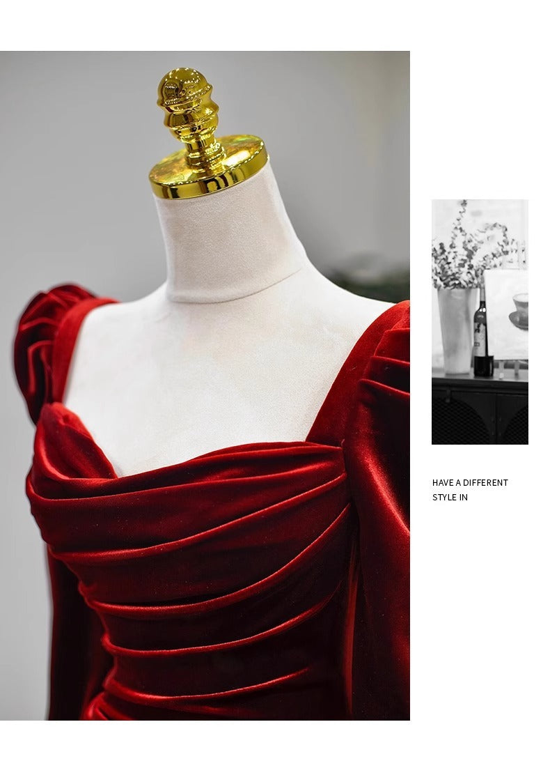 High-Grade Velvet Toast Dress Wine Red Long Sleeve Bride Engagement Dress Banquet Host Dress Annual Meeting Dress
