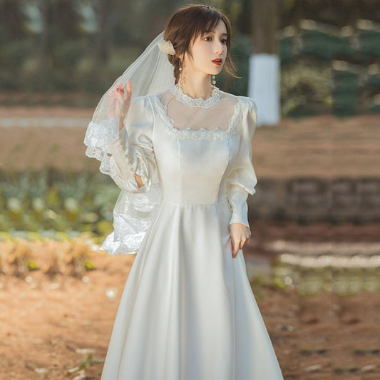 Wedding Dress White lace high collar long sleeve French Suit White Engagement Dress Slim White Dress H9975