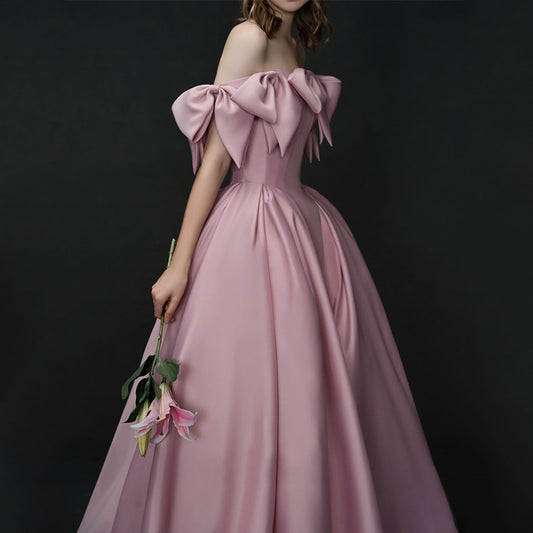 Pink Satin Annual Party Dress Women's 2024 New Banquet Host High-End Engagement Dress Toast Dress Bride