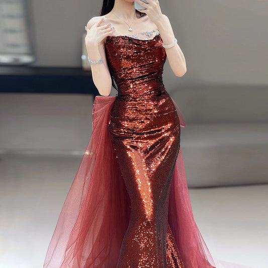 Fishtail Evening Dress New Wine Red Tube Top Sequined Temperament Bride Engagement Banquet Host Toast Dress