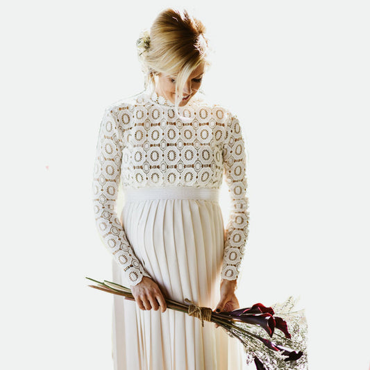 European and American Women's Clothing Lace Stitching South Korea Hemp Pregnant Women Floating Pleated Skirt Long Sleeve Split Photography Jumpsuit Dress 1941