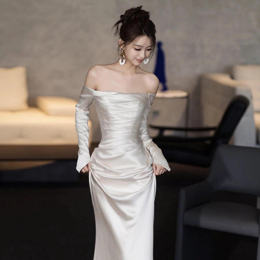 French Style off-Shoulder Light Wedding Travel Shoot Super Fairy Long Sleeve Satin Bride Fishtail Gown Simple Welcome Wedding Veil Women