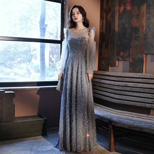 Sequined Evening Dress for Women 2024 New Temperament Long Sleeve Banquet Host Long Lady Super Fairy Annual Party Dress