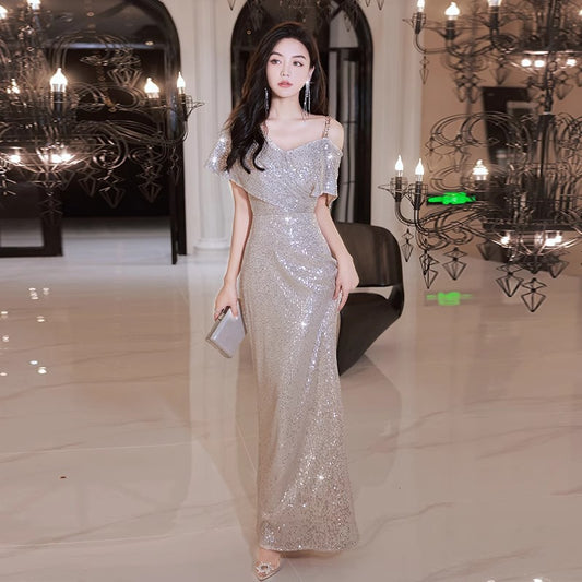 Evening Dress for Women Banquet Temperament French Style High-End Light Luxury Minority Gold Sequined Host Sexy Fishtail Skirt