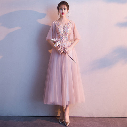 Evening Dress 2024 Dignified Generous Style Elegant Pink Mid-Length Slimming Fairy Style Fairy Dream Banquet Evening Dress