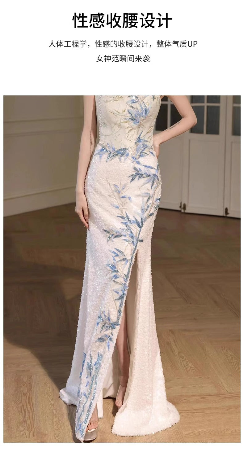 Evening Dress New Chinese Style Cheongsam Dress High-Grade Light Luxury Women's Morning Gowns Bridal Banquet Toast Dress Fishtail Light Wedding Dress