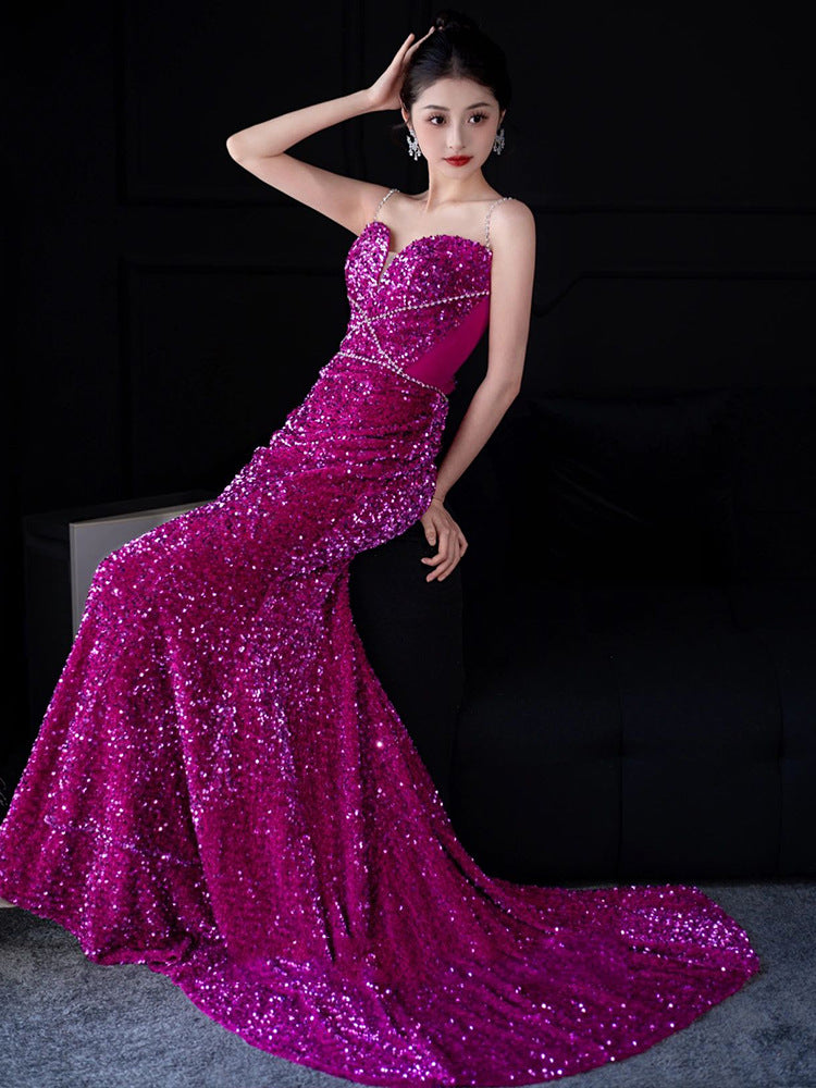 French Style Fishtail Toast Dress Bride High-Grade Sequined Evening Dress Morning Gowns Strap Engagement Dress Banquet Host Women