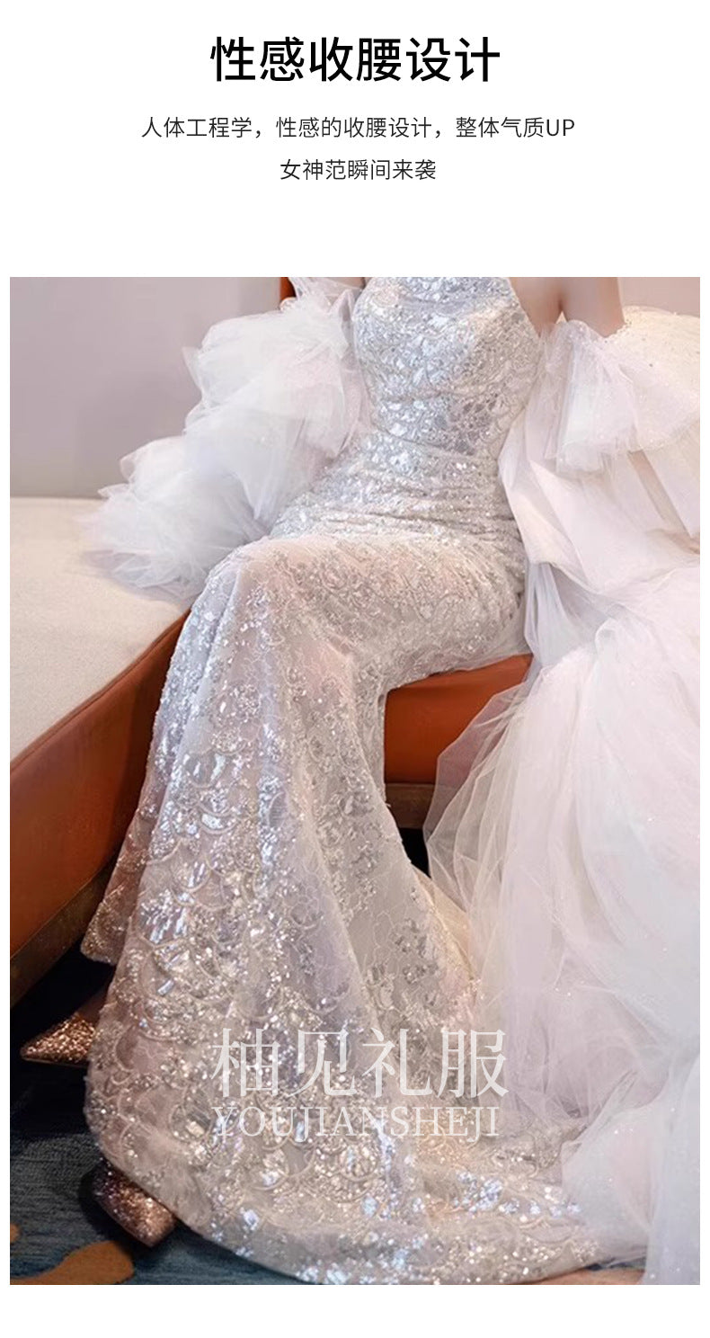 Halter Evening Dress Fishtail Backless Bride Engagement Formal Dress Toast Clothing Light Luxury Minority Design Sense Banquet Host