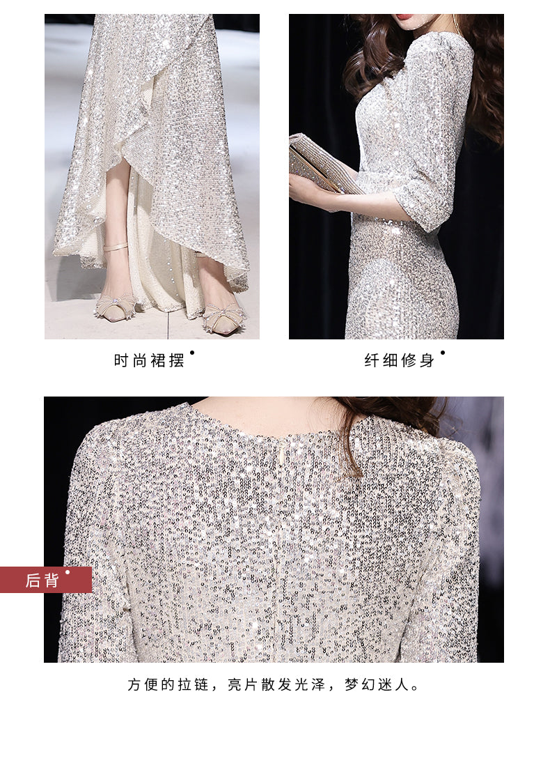 Fishtail Evening Dress 2024 New Style Silver Sequined Elegant Dress Dinner Host Annual Meeting Dress Autumn