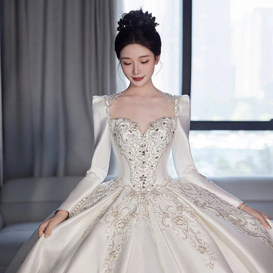 Wedding Dress Long Sleeve Satin Lace Bridal dresses long maxi Bride High-End plus Size Vintage Gown H2993