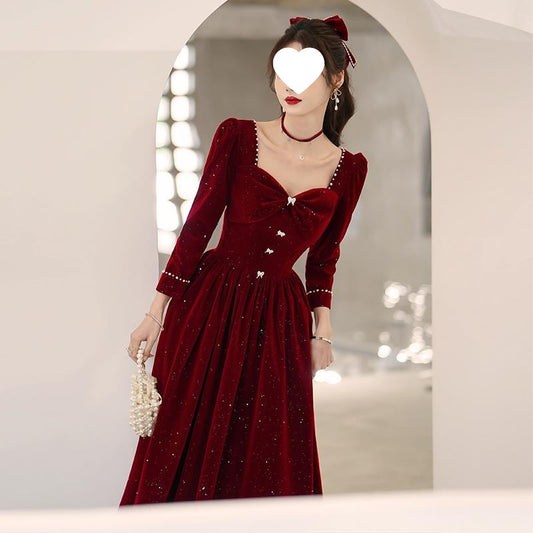 Plus Size Toast Dress Bride Autumn Wine Red Long Sleeve Velvet Marriage Engagement Back-to-Door Dress Fat Girl Slimming Direct Sales