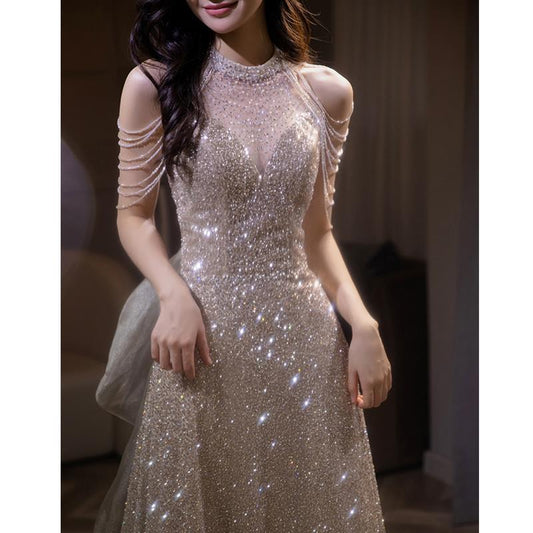 Evening Dress for Women High-End Affordable Luxury Niche Mori Fairy Style High Sense Vocal Music Art Test Solo Performance Costume Shiny
