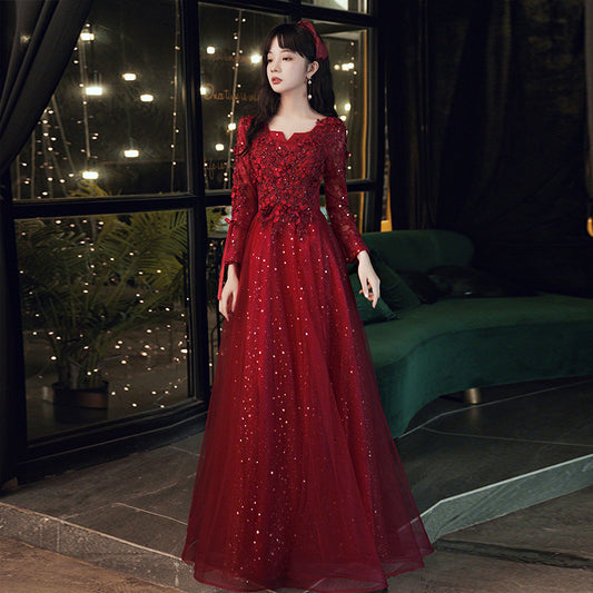Toast Dress Bride 2024 Red New Style Host Engagement Winter Long Sleeve High Sense Wedding Evening Dress Gauze Dress
