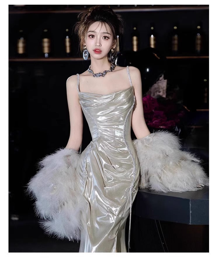 Silver Shiny Evening Dress Morning Gowns 2024 New High-End Sense Light Luxury Minority Birthday Party Sling Toast Dress