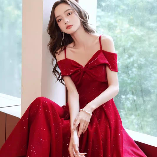 French Toast Dress Bride Small off-Shoulder Retro Red Dress Marriage Engagement Evening Dress Dress Women