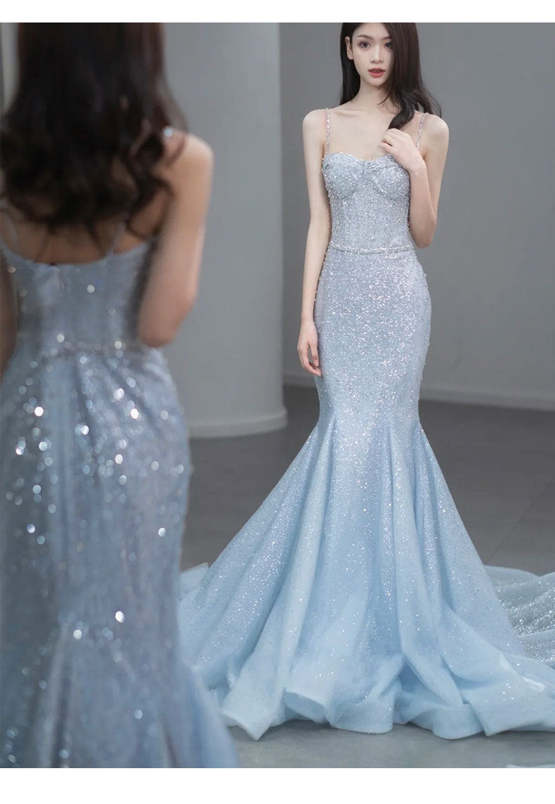 Fishtail Evening Dress High-Grade Model Catwalk Student Art Exam Toast Dress Bride Super Fairy Blue French Strap