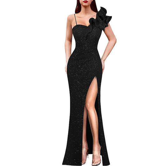 Foreign Trade New European and American Women's Clothing Dress Popular Amazon Hot Ruffled Spaghetti Straps Stage Banquet Evening Dress