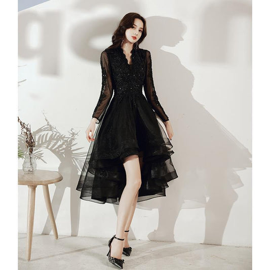Evening Dress for Women 2024 New Ladies Banquet Elegant Short Front and Long Back Black Super Fairy Slimming Small