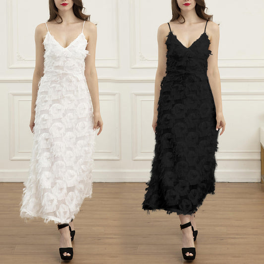 Foreign Trade Sexy Suspenders Light Luxury Evening Dress Women's New European and American Backless Feather Lace Party Long Dress