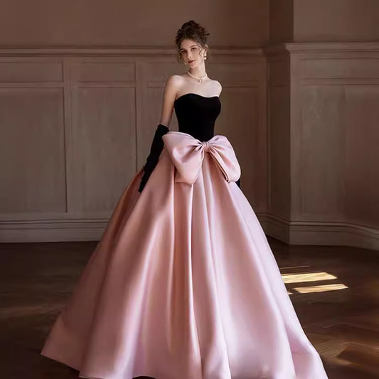 Princess Evening Dress Prom dresses Ball gown dinner party pink skirt Light Luxury Minority Adult Ceremony Birthday Party Bow Bra Trailing Dress 👑 Shimmering Day H00233
