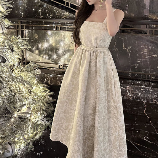 2024 Spring and Summer New Heavy Industry "White Background Golden Flower" Light Luxury French Jacquard Sling Dress Early Spring Female Dress