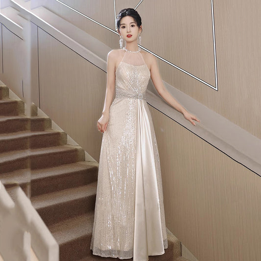 Evening Dress for Women 2024 New Banquet High-End Affordable Luxury Niche Host Elegant Halter High-Grade Sequined