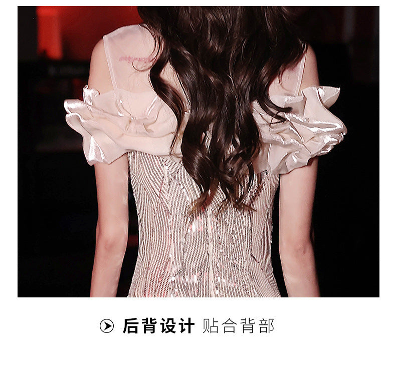 Fishtail Evening Dress 2024 New Sequined off-Shoulder Light Luxury Minority Host Banquet Heavy Work Waist-Tight Evening Dress
