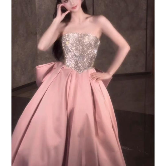 Pink Evening Dress for Women 2024 New High-Grade Tube Top Banquet Temperament Host Birthday Dress 18-Year-Old Adult Ceremony