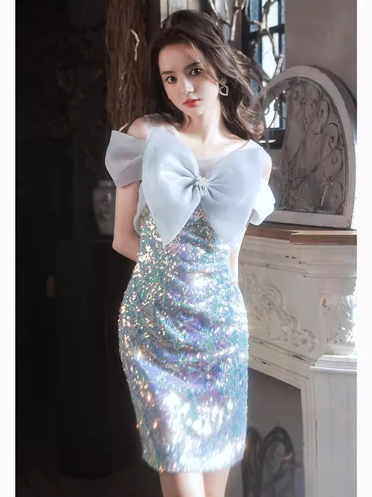 Sequin Formal Dress Women's 2024 off-Shoulder Bow Host High-End Affordable Luxury Niche High-End Banquet High-End Flash