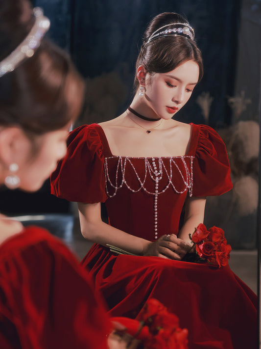 Dinner Dress Party Dresses Gala Formal Elegant Red Velet Pearl Puff Sleeve Wine Red Bride Spring Hepburn Style Engagement Dress H8923