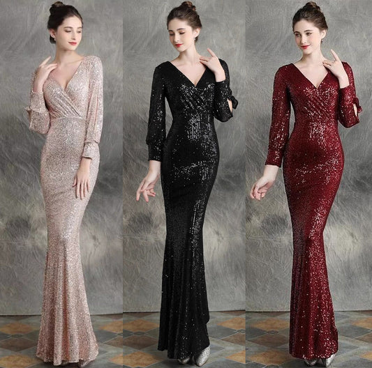 4645 Sequined Evening Dress New High-End Toast Dress Sexy Deep V Temperament Fishtail Host Banquet Dress