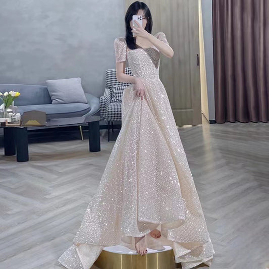 Evening Dress Temperament Entry Lux Niche Ladies Banquet Host Dress Shiny Backless Bridal Toast Dress for Women