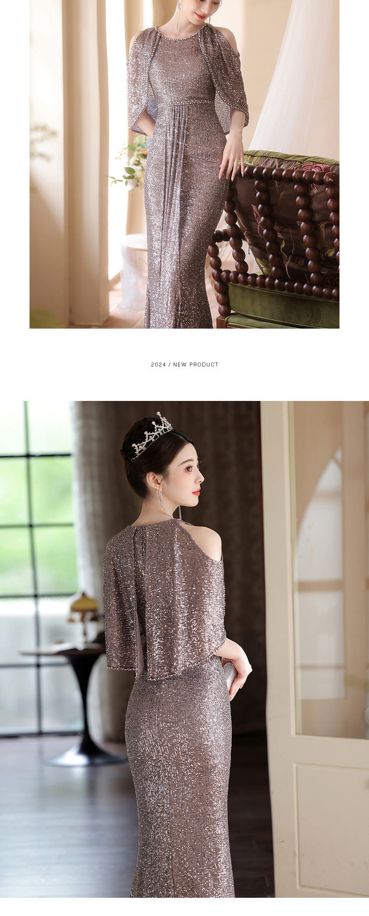 2024 New Light Luxury French Banquet Evening Dress Elegant Socialite Sequined Fishtail off-Shoulder Long Dress