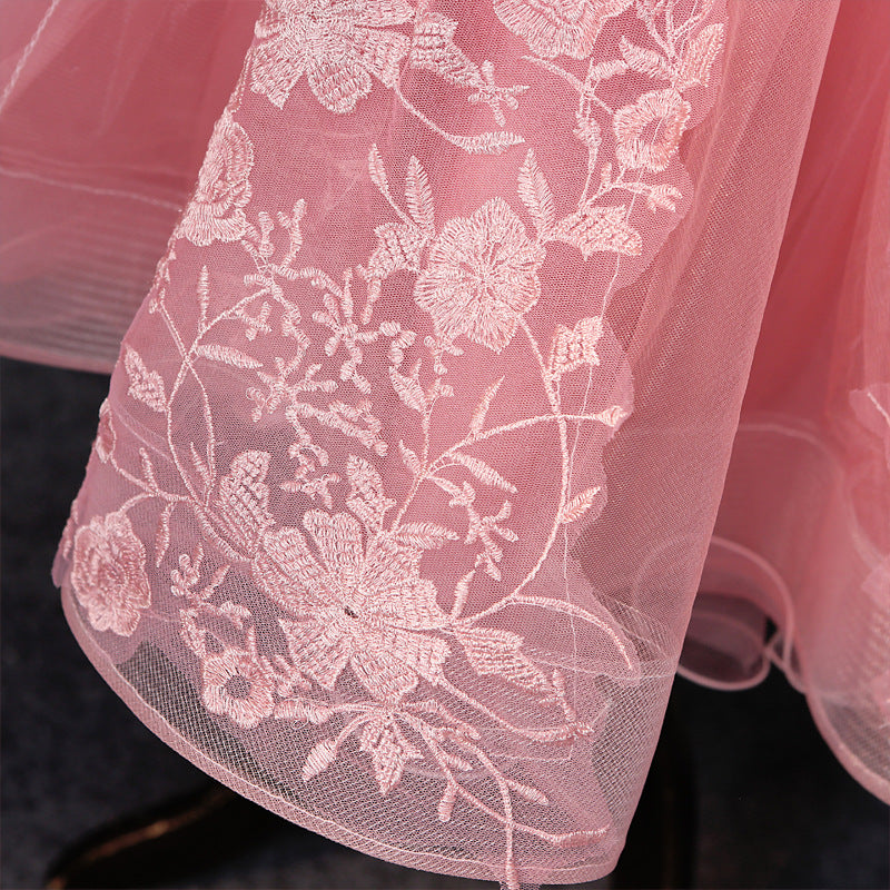 Evening Dress Short Pettiskirt Spring Pink Wedding Bridesmaid Dress off-Shoulder Short Sleeve Slimming Host Dress for Women