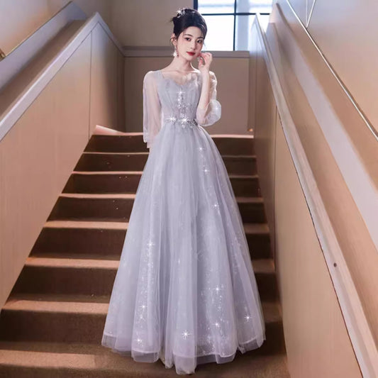 Evening Dress Banquet Light Luxury Minority Host Dignified Grand Dinner Long Style Long Sleeve Gauze Dress Student Art Exam Dress