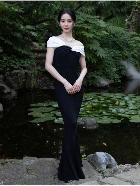 Liu Shishi's Same Style French Sexy Black Evening Dress Senior Tube Top off Shoulder Flare Sleeve Slim Fit Fishtail Dress