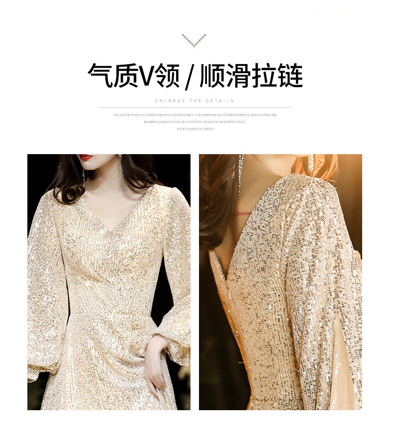 Factory Supply Evening Dress 2024 New Autumn and Winter Long Long Sleeve V-neck Sequins Champagne Annual Party Evening Dress