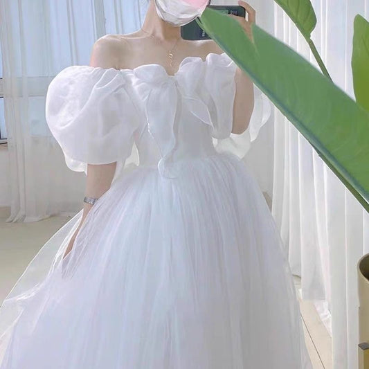 French Style Puff Sleeve Princess Wedding Dress 2024 New Bridal Small Floor-Length off-Shoulder Wedding Veil Simple Wedding Dress