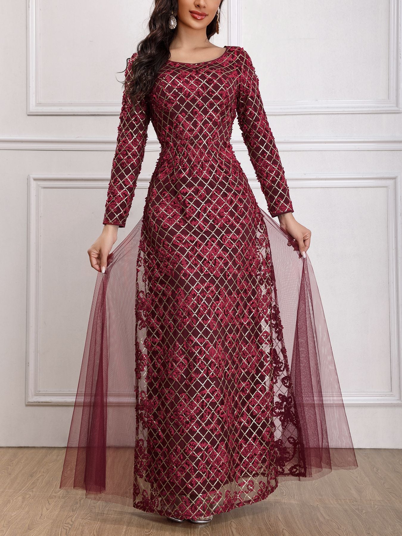 Cross-Border Foreign Trade Women's Clothing European and American Amazon Independent Station New Heavy Industry Dress Embroidery Stitching Mesh Long Dress