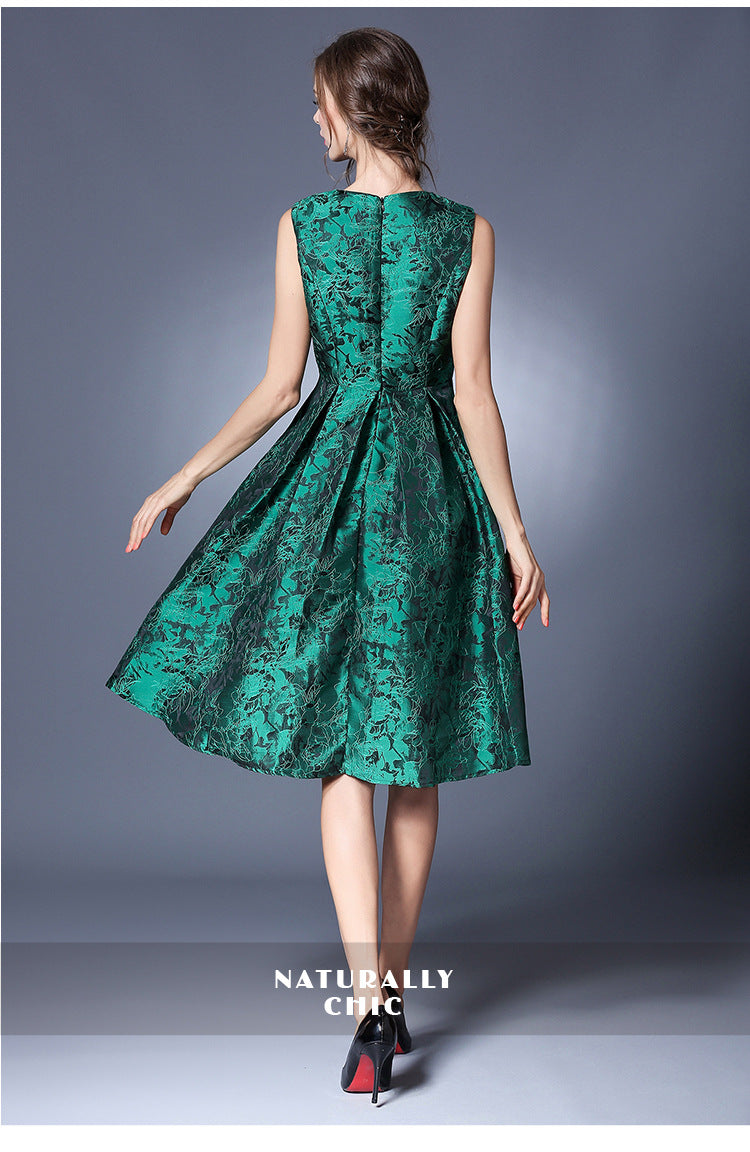Real Shot Spot New Elegant Slim Waist Floral Sleeveless Vest Jacquard Dress Women