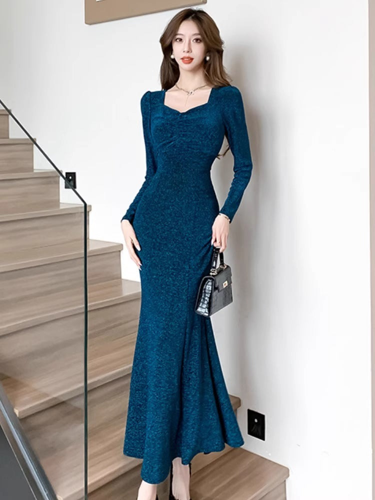 High-End Square Collar Long Sleeve Fishtail Dress Spring Fashion Graceful Formal Dress Sexy Slimming Beam Waist Hip Skirt