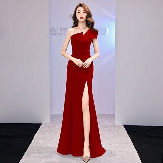 Host Evening Dress Dress Light Luxury Minority One-Shoulder Black Long Dress Fishtail off-the-Shoulder Gown Women