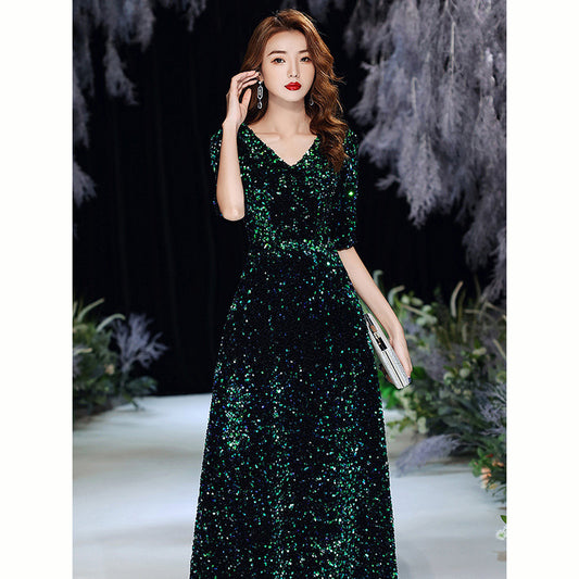 Green Sequins Annual Party Evening Dress Female 2024 Spring and Spring New Banquet Temperament Texture Host Long Dress