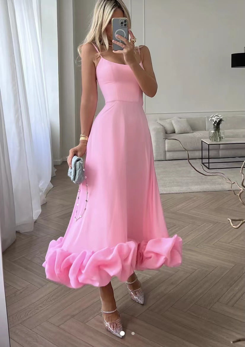 Fashion Suspenders Large Swing Three-Dimensional Flower A- line Skirt European and American Women's Clothing Cross-Border Hot Selling New Elegant Slim Fit Dress