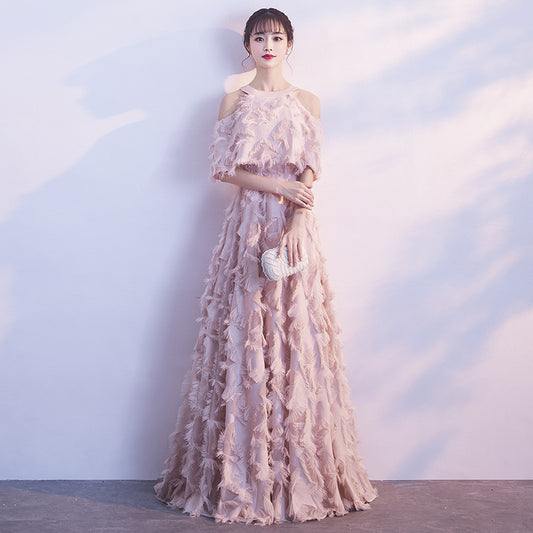 Halter Banquet Evening Dress Dress Women's 2024 Autumn New Elegant Long Slimming Solo Art Exam Pink Bridesmaid