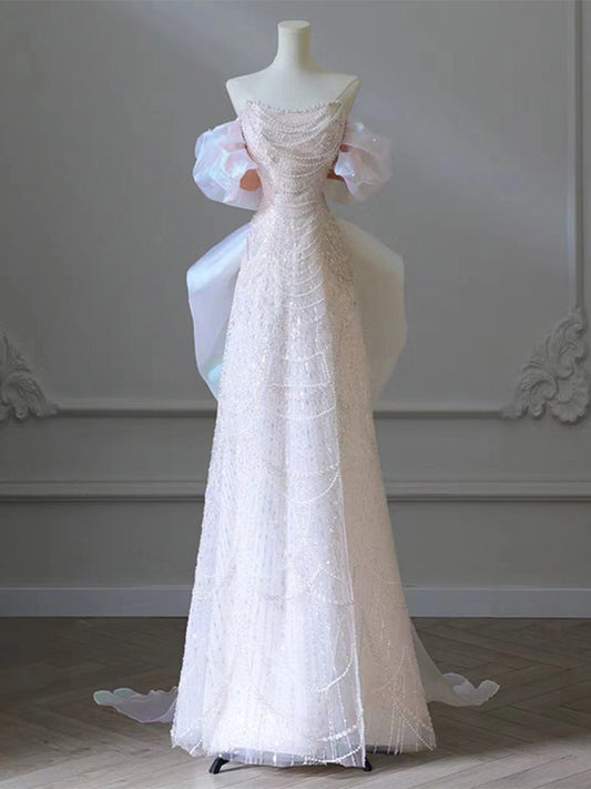 Evening Dress for Women 2024 High-Grade off-Shoulder Bridal Travel Photography Go out Light Yarn Light Luxury Minority Fishtail Engagement Formal Dress