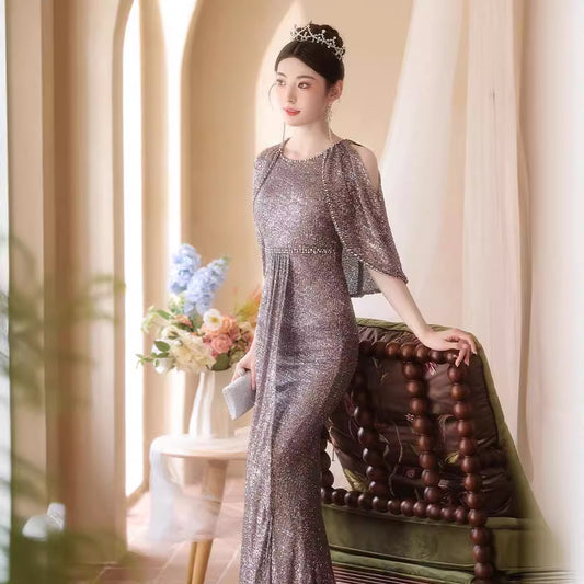 2024 New Light Luxury French Banquet Evening Dress Elegant Socialite Sequined Fishtail off-Shoulder Long Dress