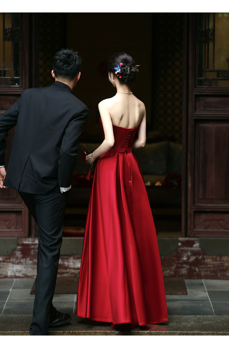 Toast Dress Bride 2024 New Wine Red Engagement Dress Dress Wedding High-Grade Light Luxury Satin Tube Top