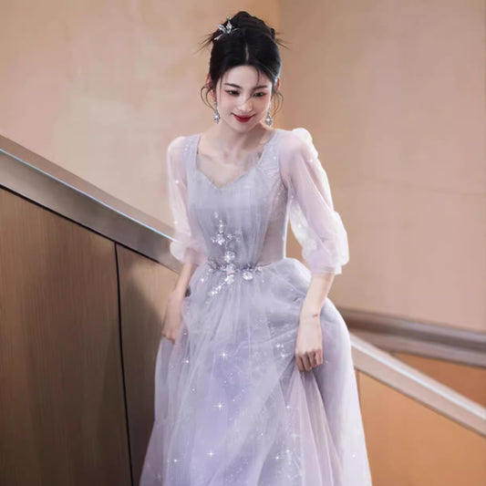 Evening Dress Banquet Light Luxury Minority Host Dignified Grand Dinner Long Style Long Sleeve Gauze Dress Student Art Exam Dress