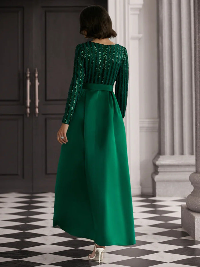 Europe and America Cross Border New Sequined Temperament Commute Solid Color Mid-Waist Sequin Host Banquet Dress Evening Dress